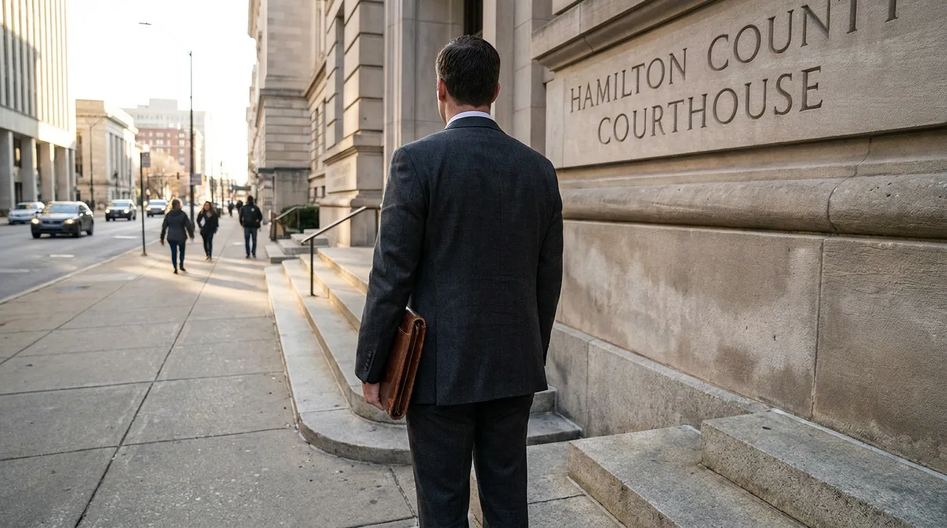 Criminal Defense Attorney Outside Hamilton County Courthouse Cincinnati suited attorney holding leather portfolio outside Hamilton County Courthouse entrance