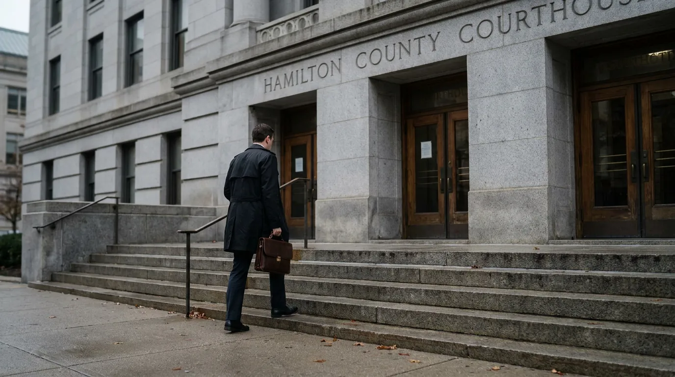 Criminal Defense Attorney at Hamilton County Courthouse Cincinnati attorney carrying briefcase ascending steps outside Hamilton County Courthouse entrance