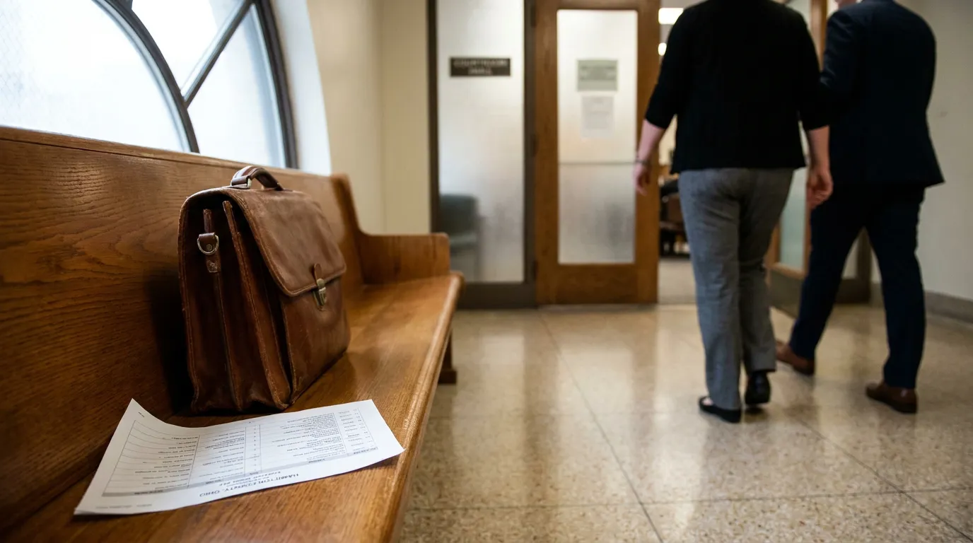 Cincinnati Felony Pretrial Hearing Hamilton County Courthouse leather briefcase and legal document on courthouse bench with two people walking toward courtroom doors