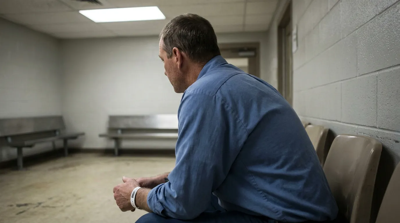 Man Detained After Fourth OVI Felony Charge Cincinnati Ohio man wearing identification wristband seated alone in institutional holding room