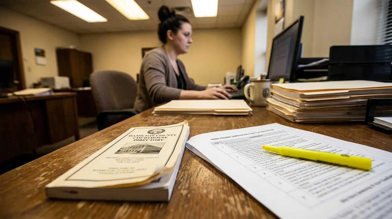 Cincinnati Attorney Reviewing Ohio Felony Sentencing Chart Hamilton County Courthouse Directory and Ohio felony sentencing document on legal office desk