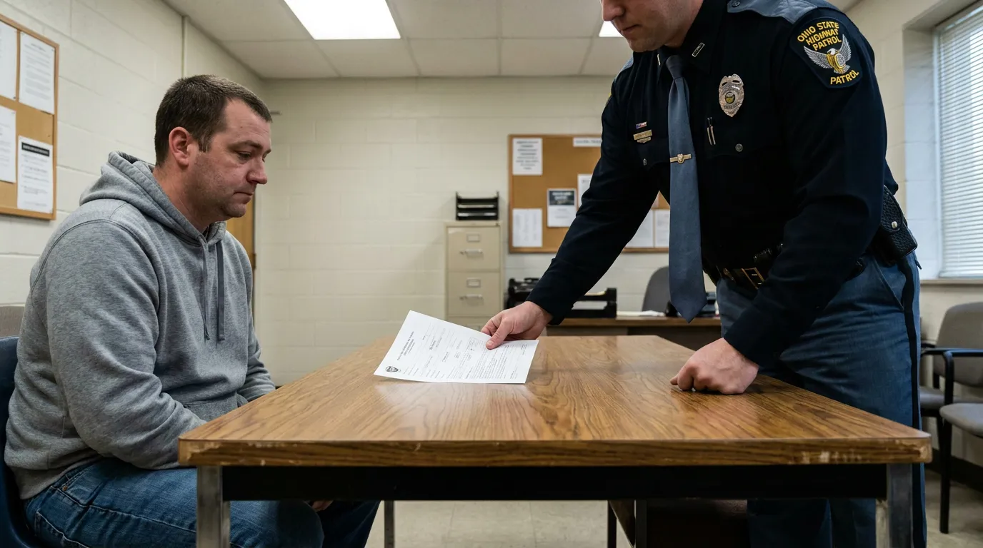 Ohio State Patrol Officer Presenting Implied Consent Form Cincinnati Ohio State Highway Patrol officer presenting document to seated man at table