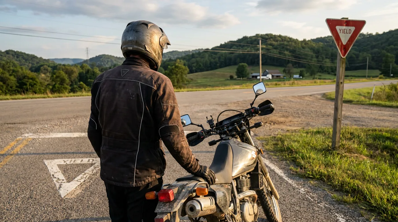helmeted motorcyclist standing beside motorcycle at rural road yield sign intersection