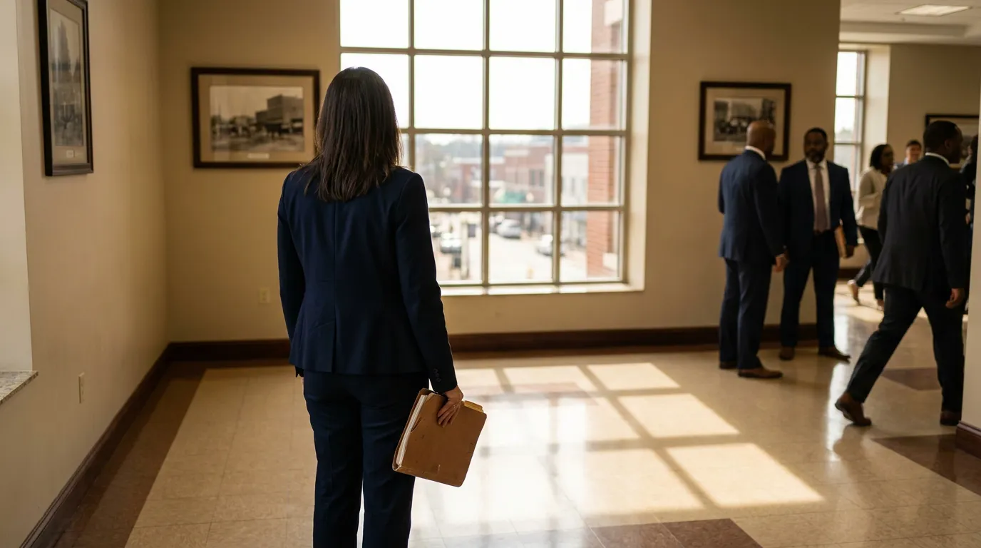 Drug Possession Defense Attorney Lawrenceville Georgia Courthouse attorney holding legal folder standing in courthouse hallway with suited professionals