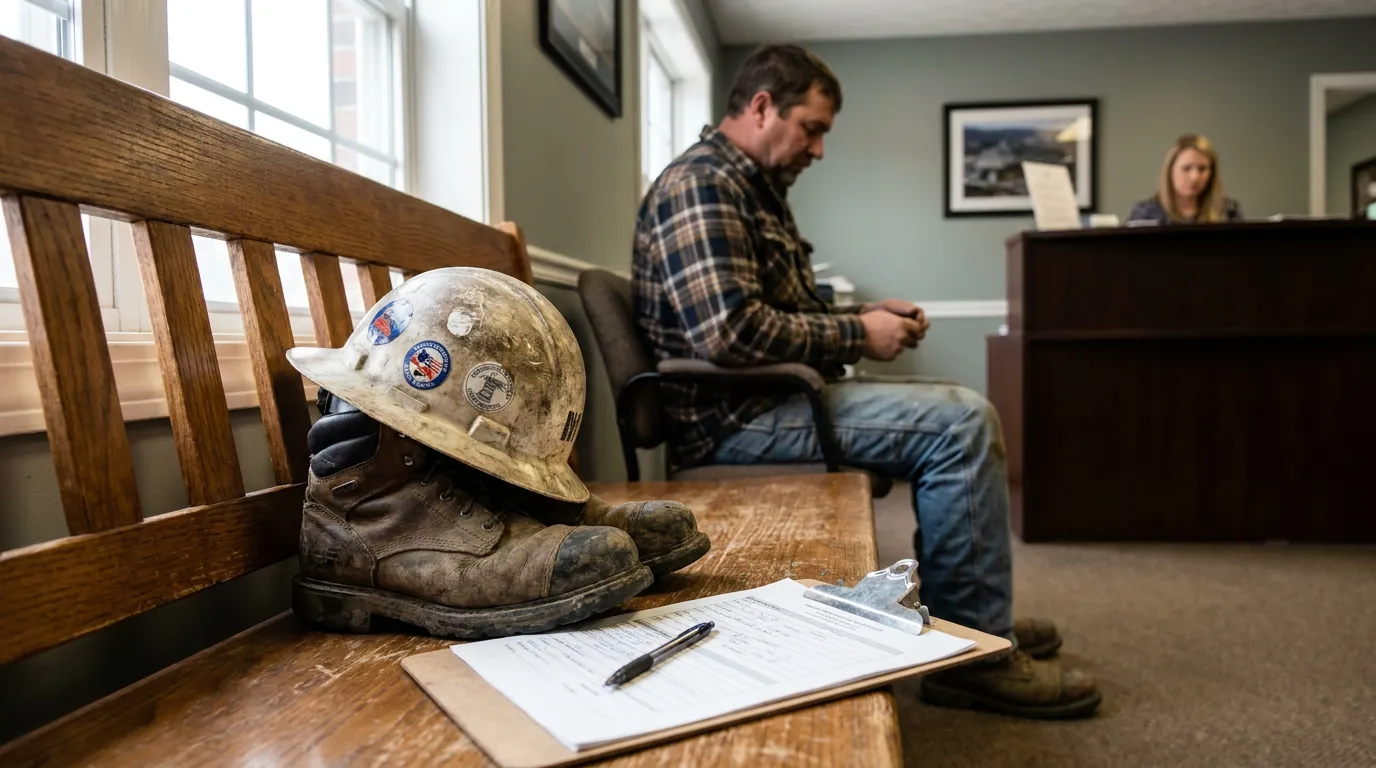 construction worker seated in law office waiting room with hard hat work boots and clipboard