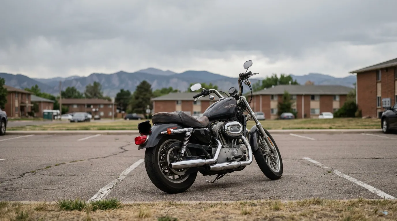 Harley Davidson Motorcycle Parked in Denver Colorado Harley-Davidson motorcycle parked in lot with mountain range in background