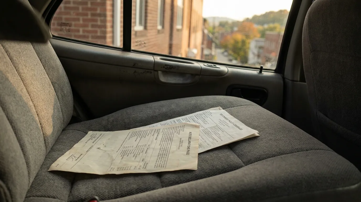 auto declarations page and insurance policy documents resting on vehicle back seat