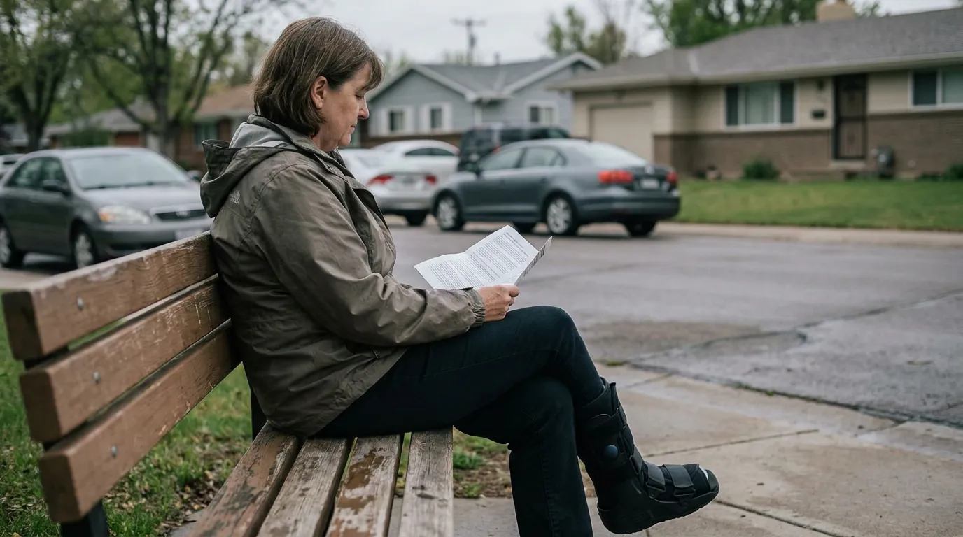 woman wearing medical walking boot reading document on outdoor bench