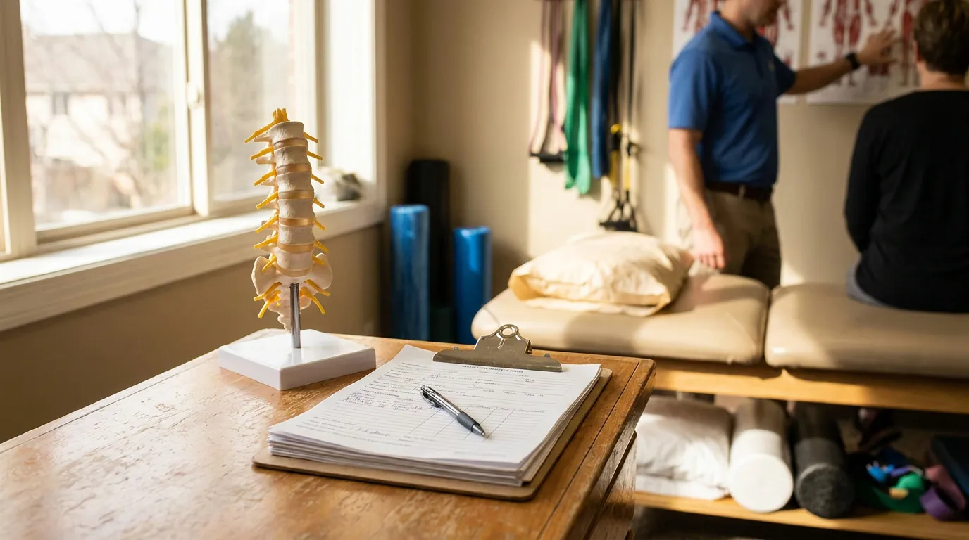 West Virginia Spinal Cord Injury Consultation and Treatment spinal model and medical clipboard on desk inside physical therapy treatment room
