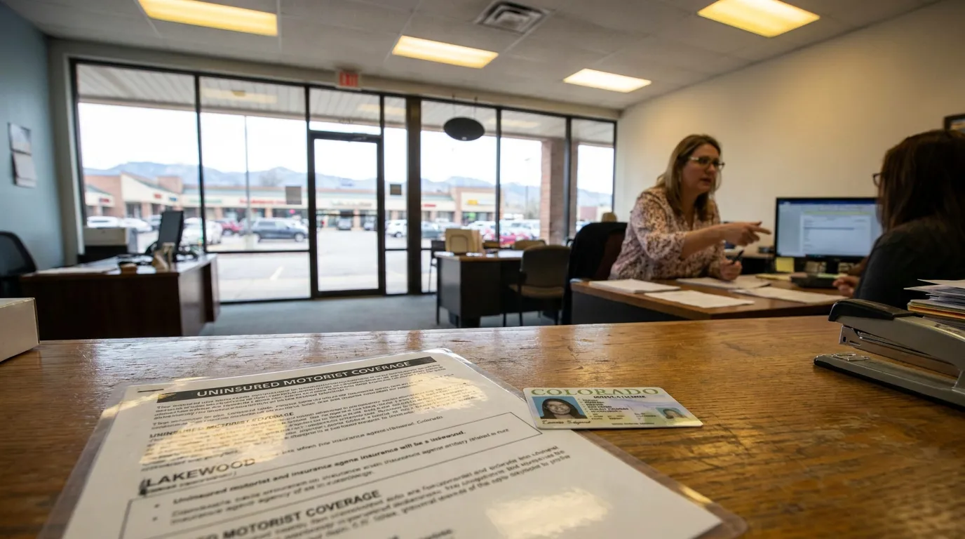 Lakewood Colorado Uninsured Motorist Coverage Consultation Uninsured motorist coverage document and Colorado ID on office desk during consultation