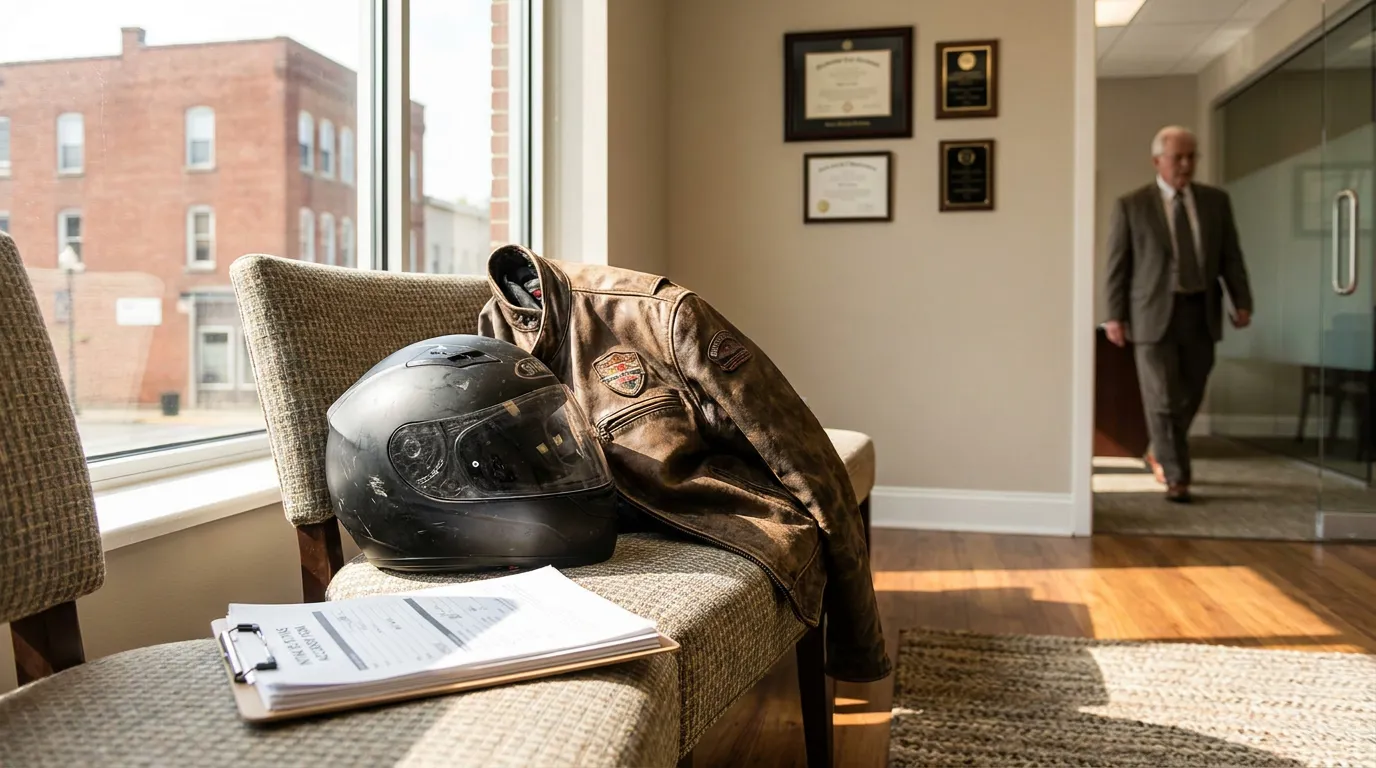 Morgantown Motorcycle Accident Lawyer Office Consultation motorcycle helmet and leather jacket on chair beside legal documents in law office