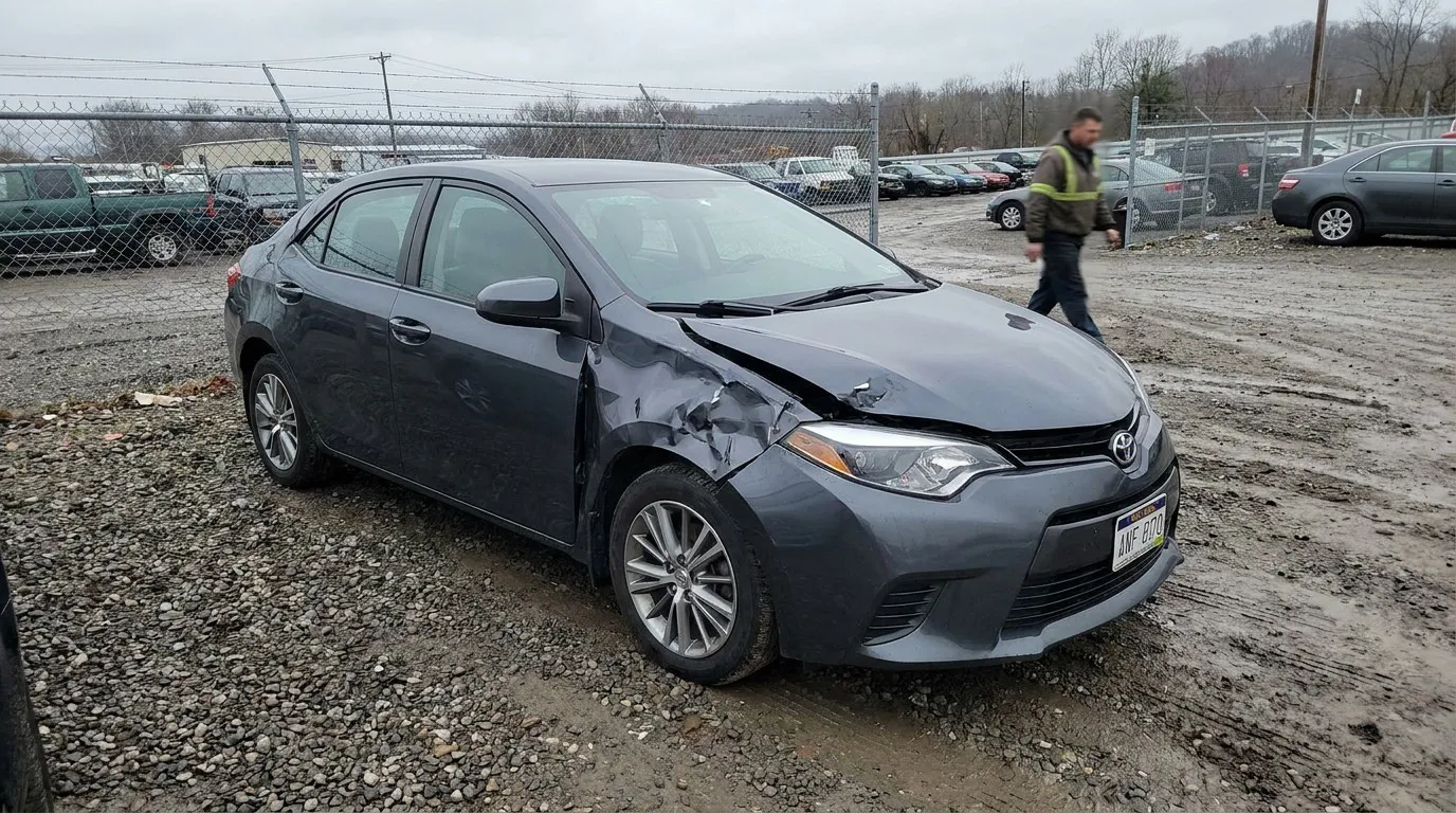 West Virginia Car Accident Damaged Vehicle Shoulder Injury Claim Toyota sedan with severe front passenger side collision damage in salvage yard
