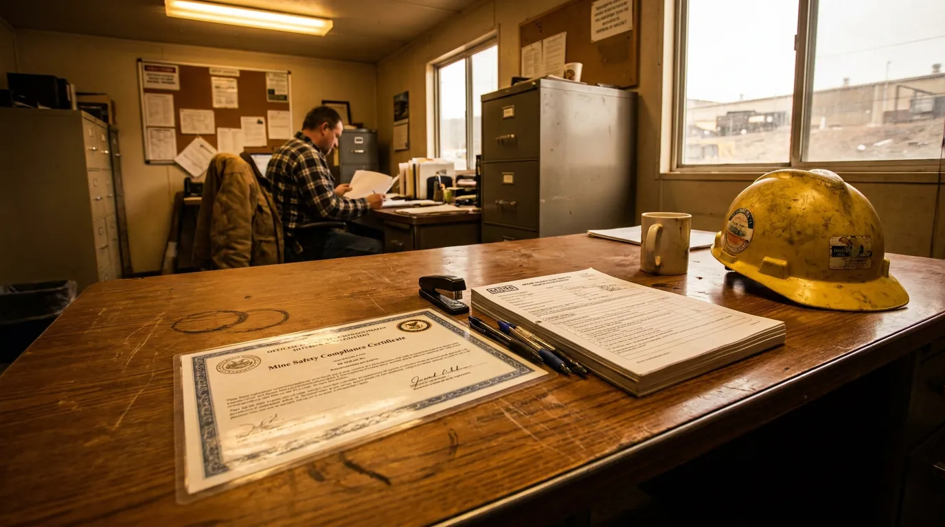 West Virginia Coal Mine Safety Compliance Certificate and Hard Hat Mine Safety Compliance Certificate on desk beside hard hat and documents