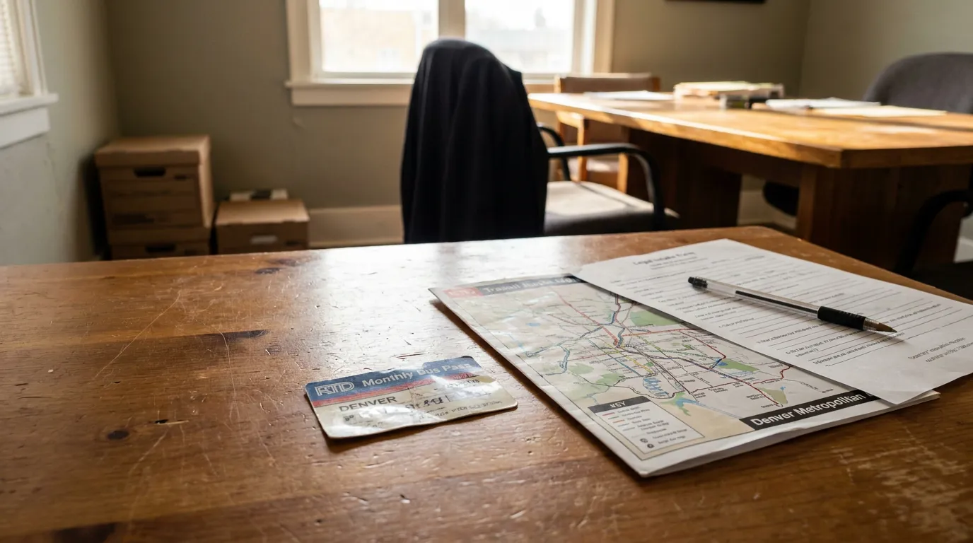 Denver RTD Bus Pass and Injury Claim Form on Desk RTD Denver Monthly Bus Pass and Denver Metropolitan transit map on wooden desk