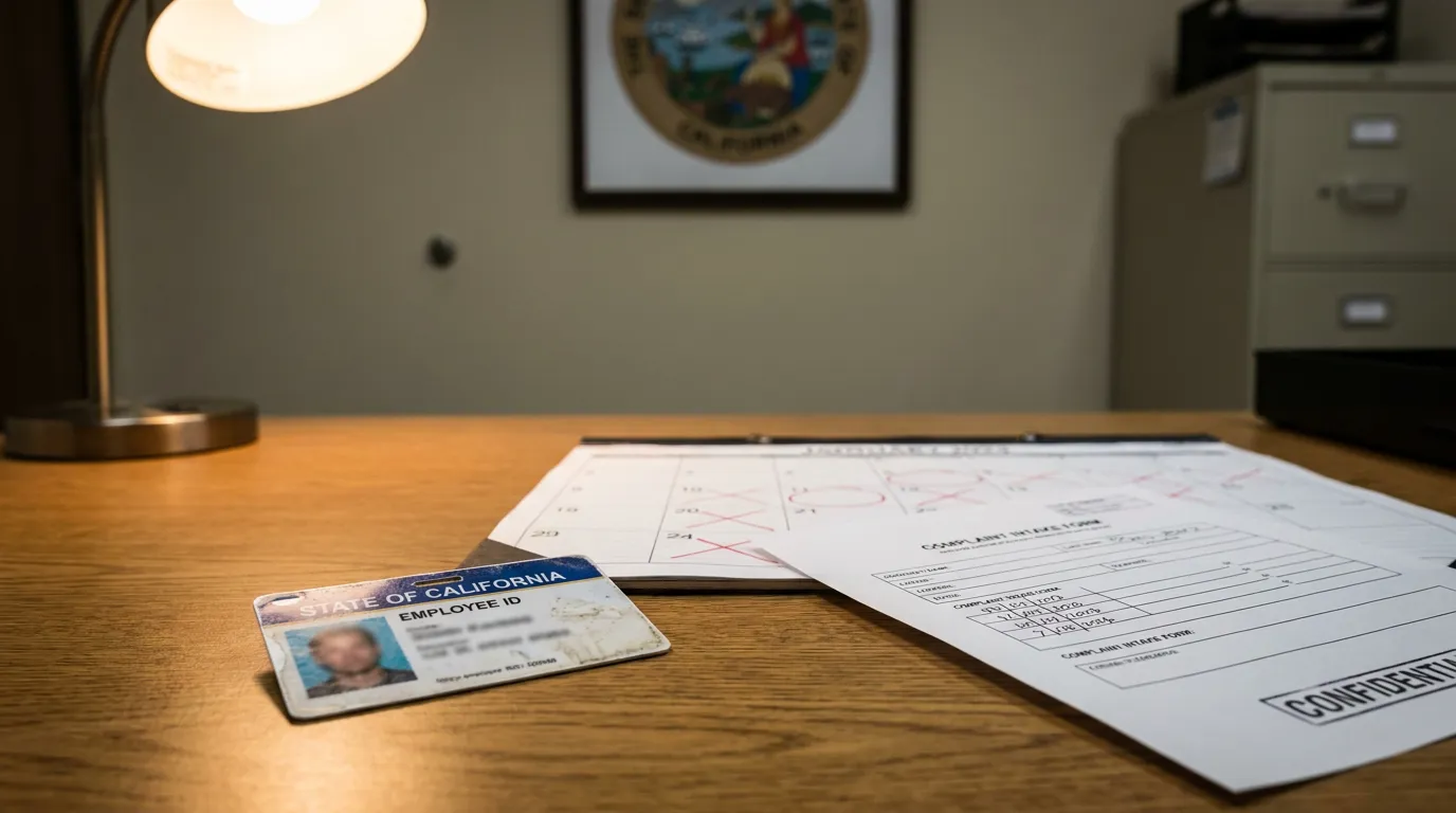 California Government Employee ID Harassment Complaint Deadline Redondo Beach State of California Employee ID beside confidential complaint intake form on desk
