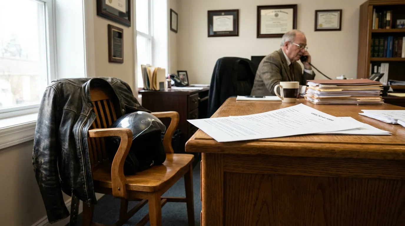 attorney on phone at desk with legal intake form, motorcycle helmet, and jacket nearby