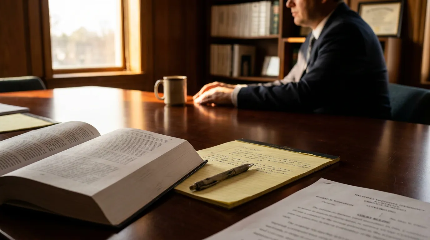 Redondo Beach Retaliation Attorney Reviewing Whistleblower Case attorney seated at desk with open legal book, notepad, pen, and court documents