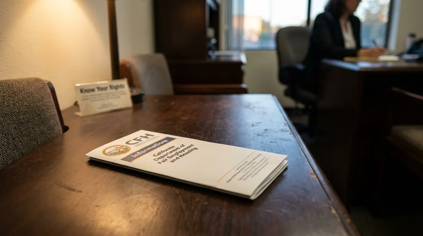 California FEHA Intern Harassment Rights Redondo Beach Attorney Office California Department of Fair Employment and Housing DFEH brochure on office desk