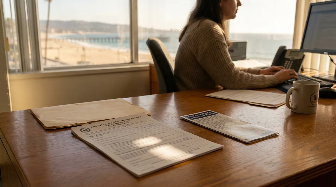 California FEHA Complaint Form Redondo Beach Employment Office California DFEH intake complaint form and FMLA employee rights pamphlet on office desk