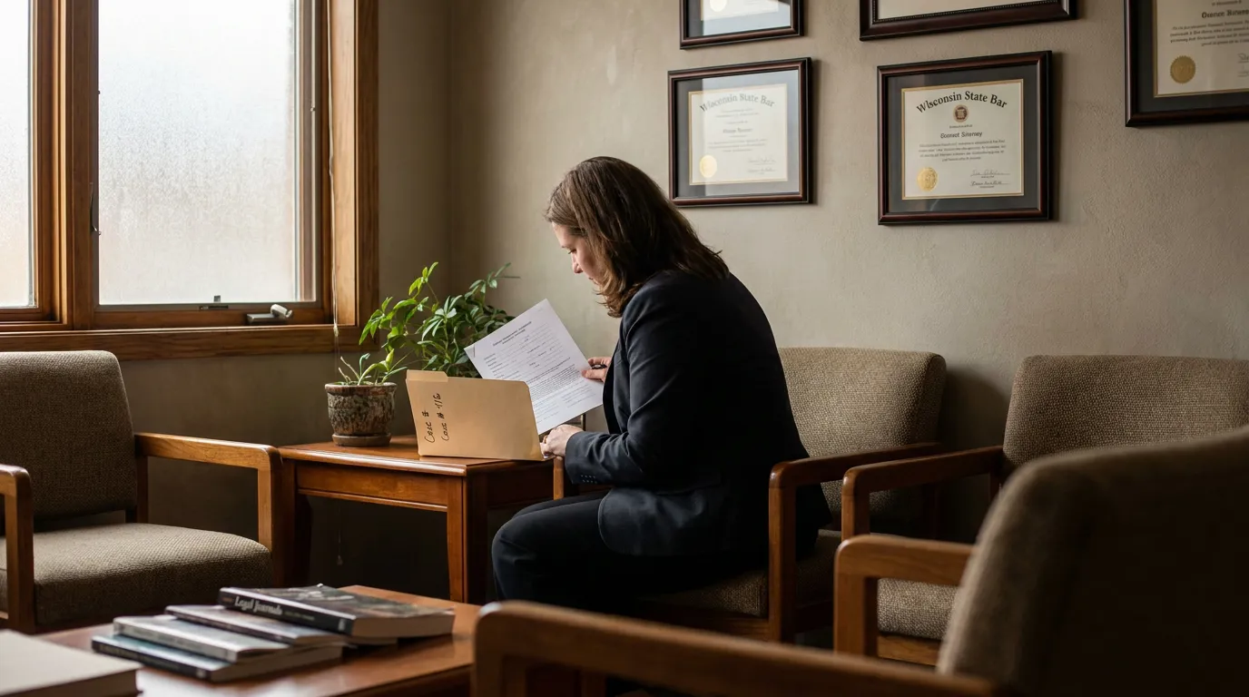 Madison WI Sexual Abuse Attorney Reviewing Church Lawsuit Case attorney reviewing case file documents beneath framed Wisconsin State Bar certificates
