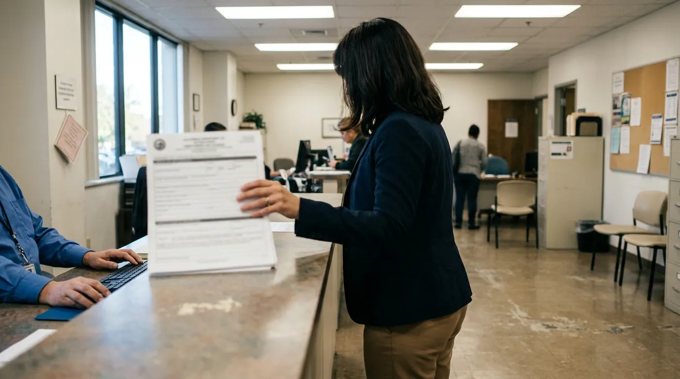 Employee Filing Hostile Work Environment Complaint Redondo Beach woman handing official document to clerk at government office counter