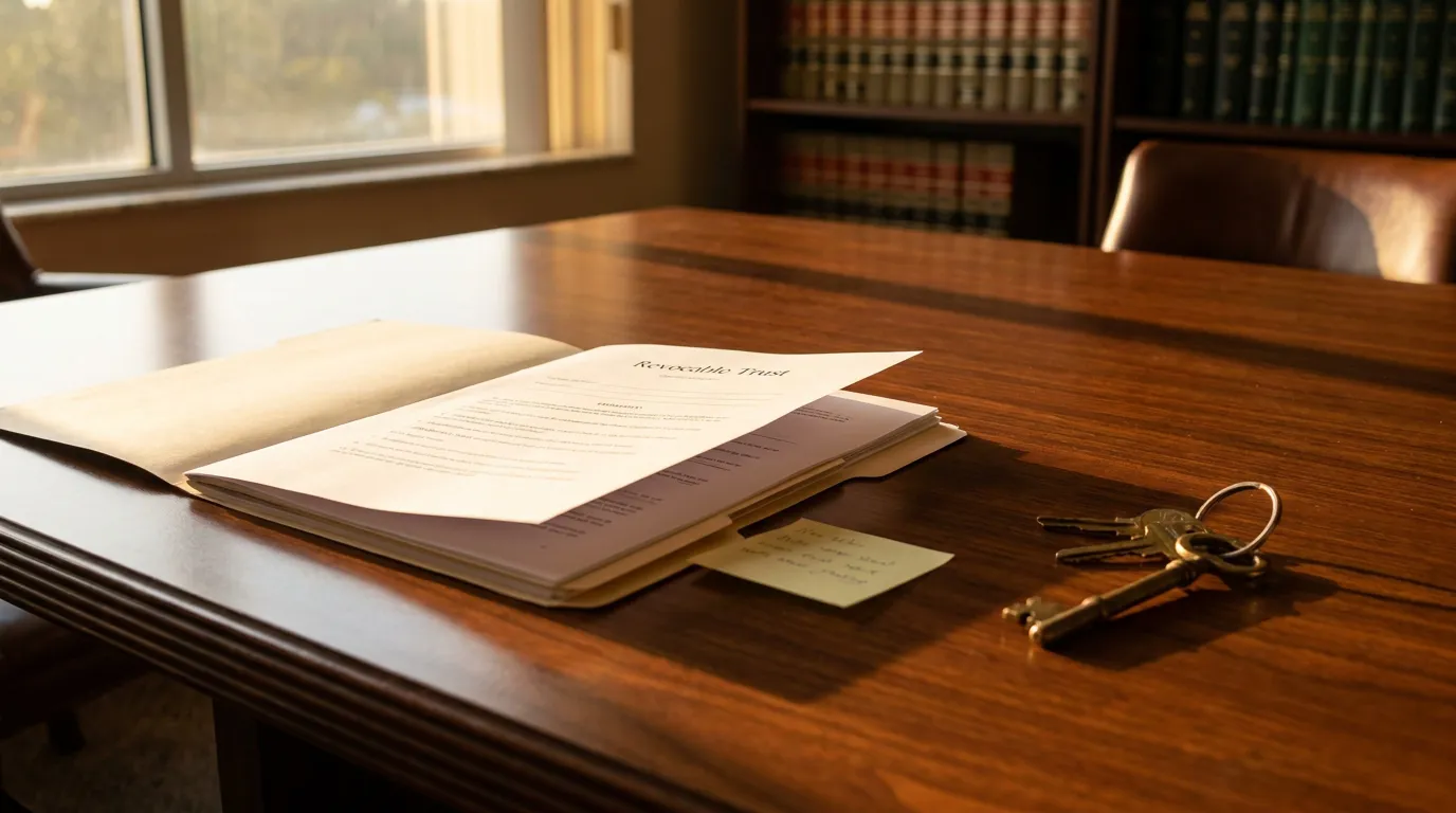 Revocable Trust document open on law office desk beside keys and legal books
