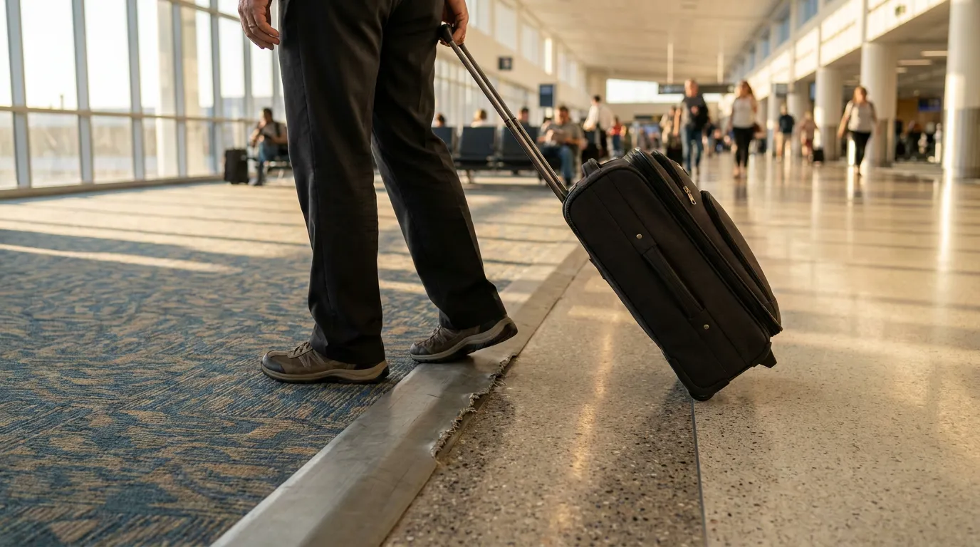 traveler pulling rolling carry-on suitcase across airport terminal floor