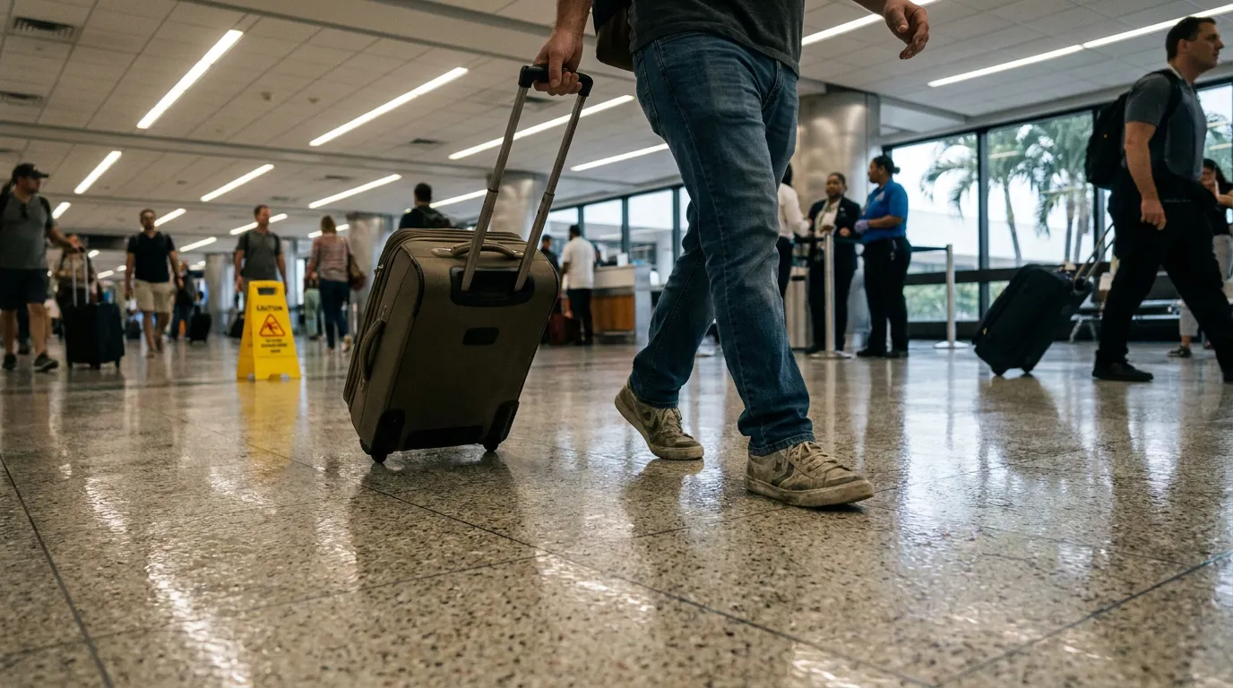 Wet Floor Caution Sign Miami Airport Terminal Slip Hazard traveler pulling rolling suitcase past caution wet floor sign in airport terminal
