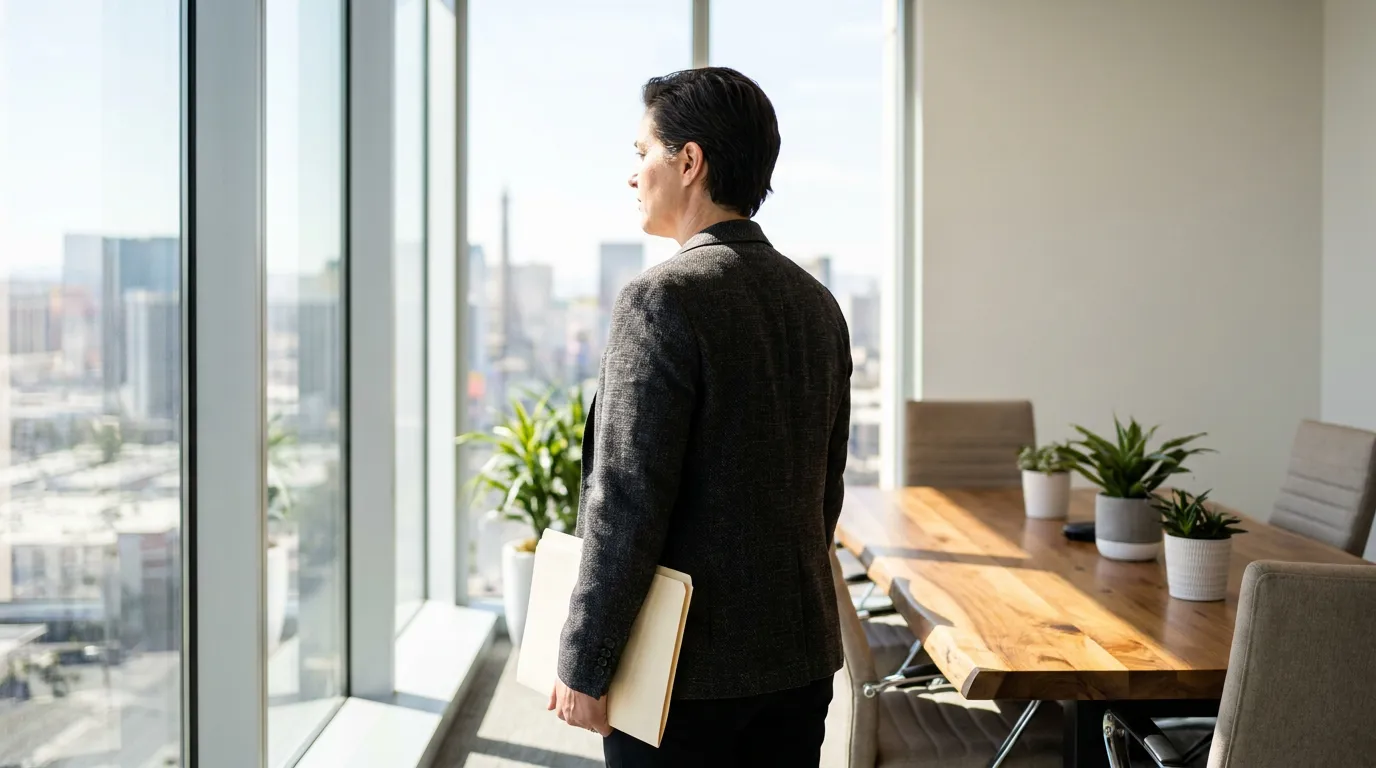 Las Vegas Divorce Lawyer Reviewing Prenuptial Agreement attorney in suit holding folder gazing out high-rise conference room window