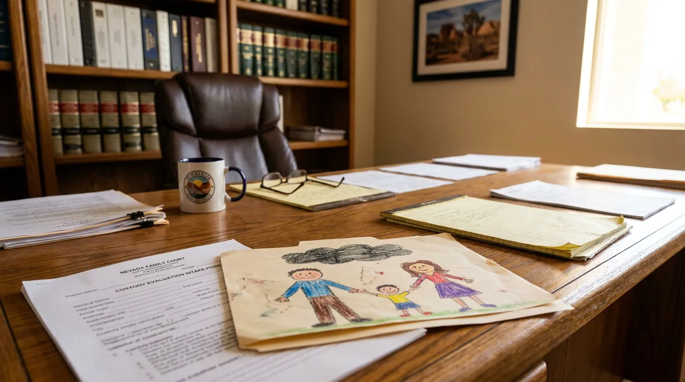 Parental Alienation Child Custody Case Las Vegas Family Law Office Nevada Family Court custody evaluation intake form beside child's family drawing on attorney desk