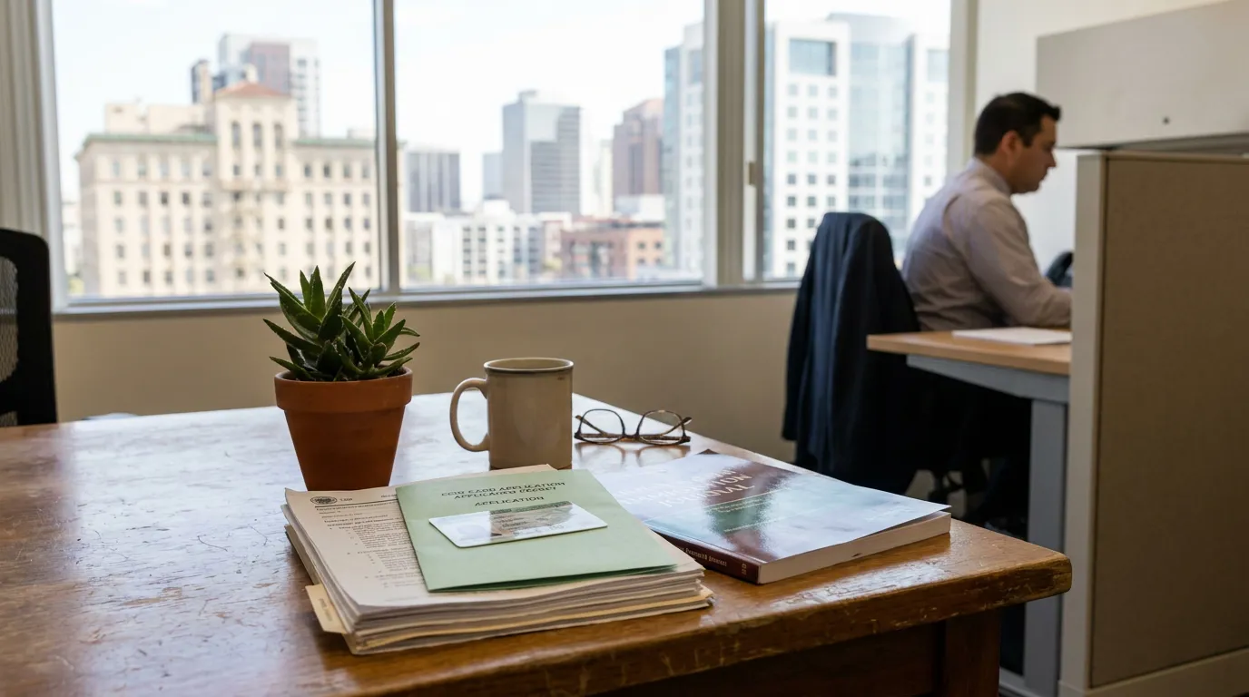 EB-2 NIW Attorney Reviewing Green Card Application San Diego attorney working at desk with green card application documents and city skyline
