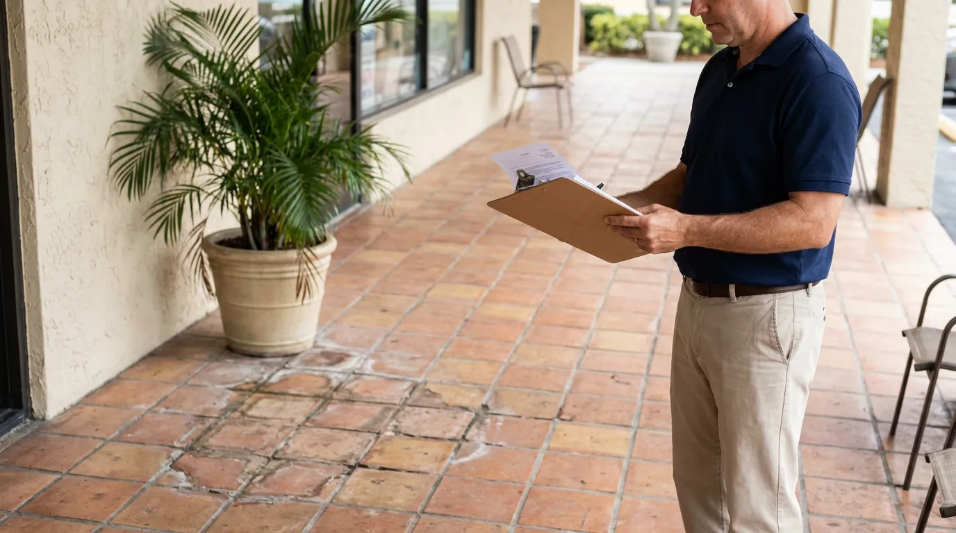 Property Inspector Reviewing Premises Liability Claim Plantation Florida man standing on tiled walkway reviewing documents on clipboard outside building