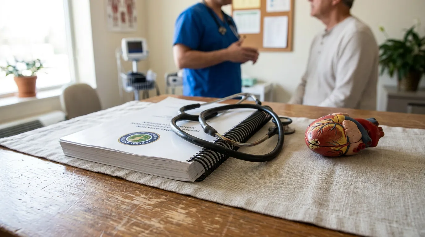 FAA AME Guide Heart Transplant Pilot Certification Consultation FDA-stamped medical binder, stethoscope, and anatomical heart model on exam table