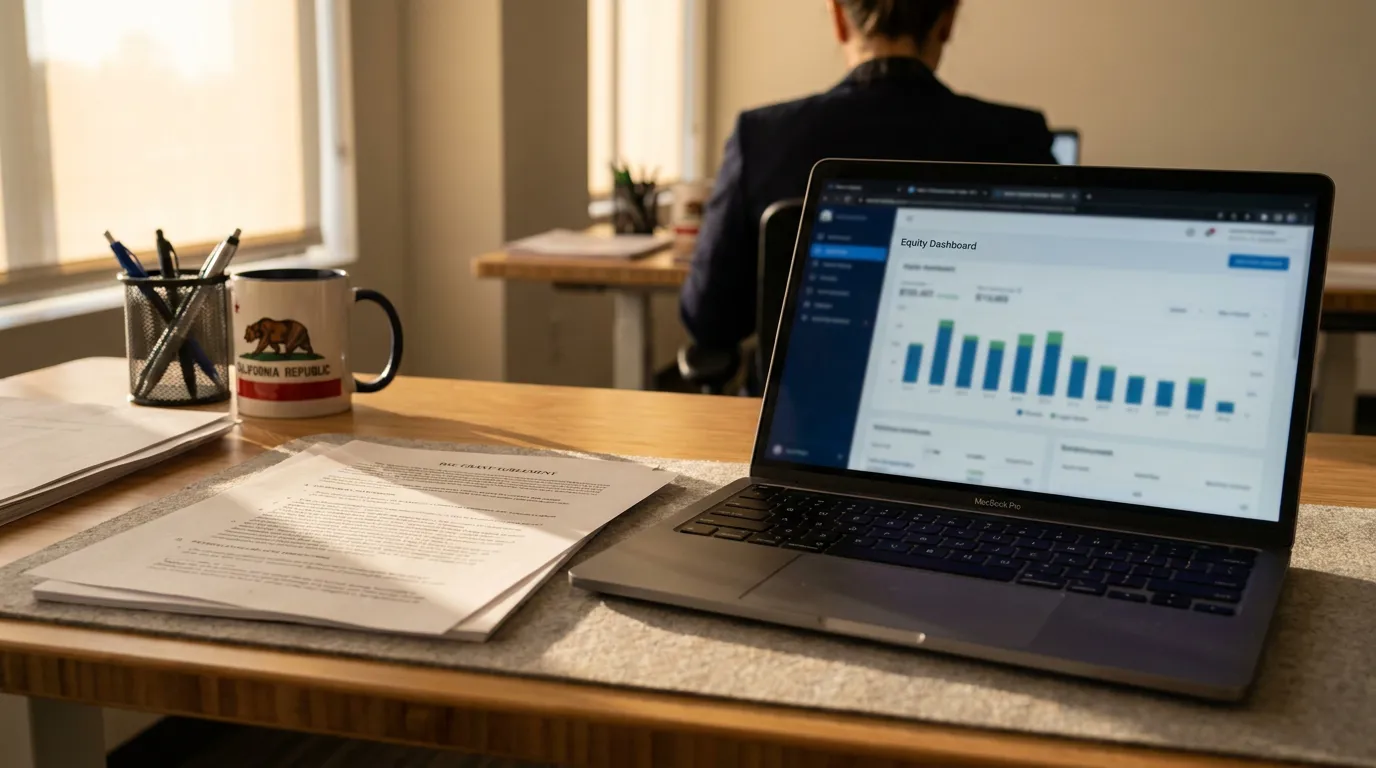 Los Angeles Executive Reviewing Unvested Equity Severance Agreement MacBook Pro displaying Equity Dashboard beside legal documents and California Republic mug