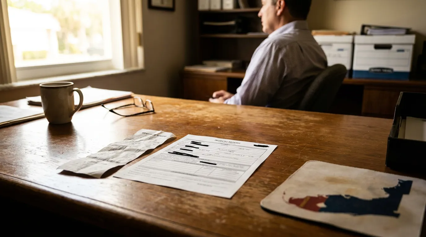 redacted incident report and receipt on wooden desk with man seated nearby