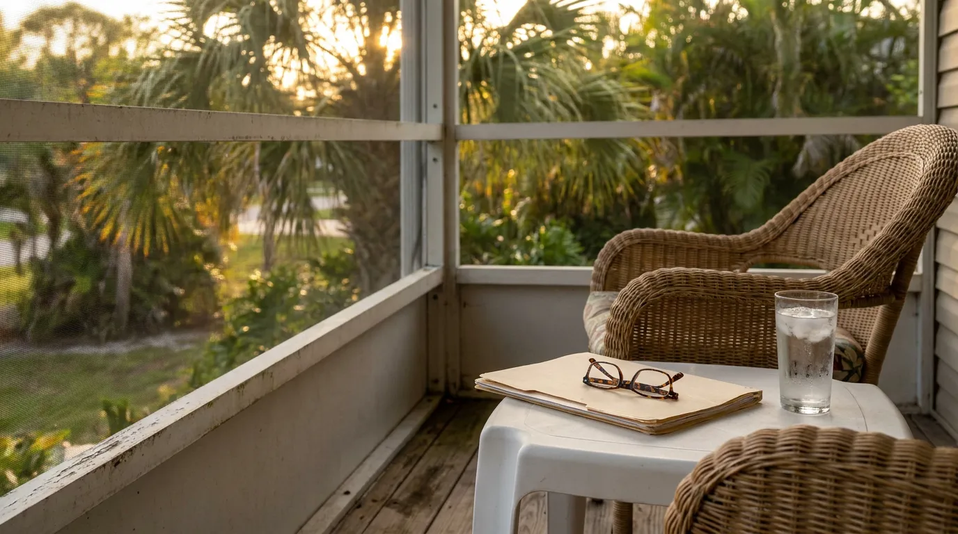 reading glasses and folder resting on table beside wicker chair on screened porch