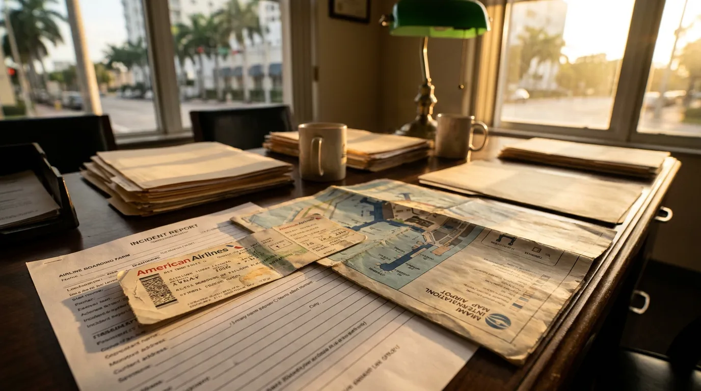 Incident report, American Airlines boarding pass, and Miami International Airport map on law office desk