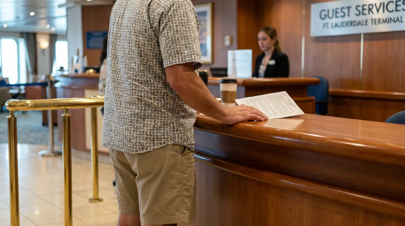 passenger holding document at cruise ship Guest Services Ft. Lauderdale Terminal desk