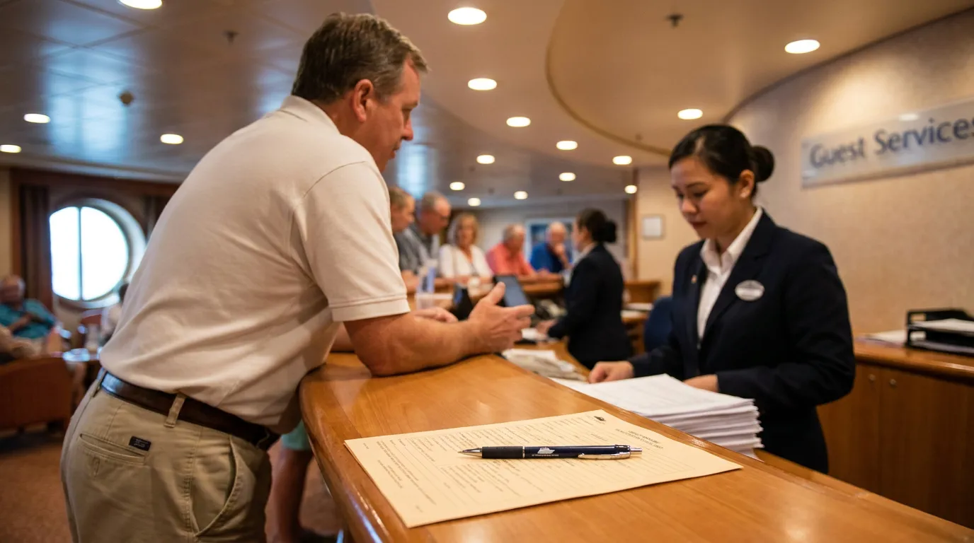 passenger at cruise ship Guest Services desk with form and pen on counter