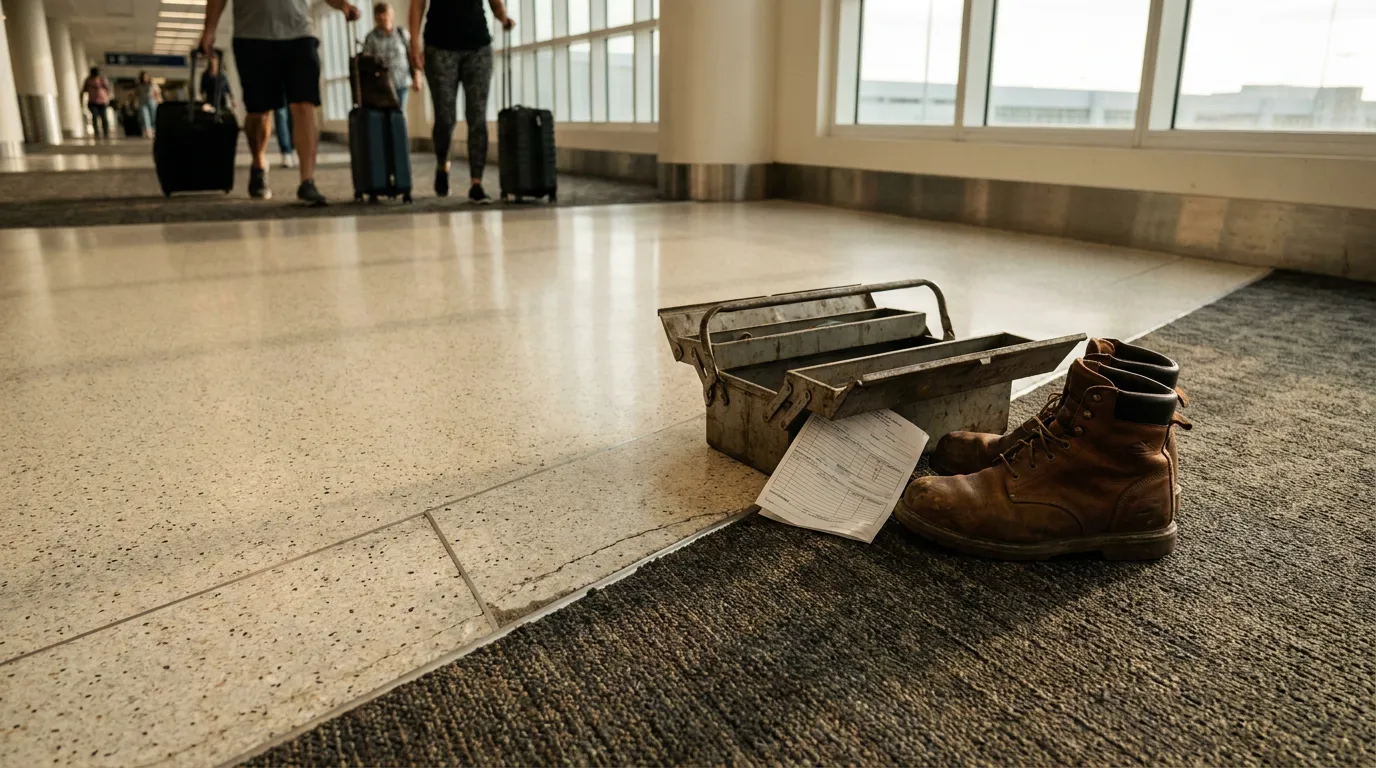Contractor Tools Left on Ft Lauderdale Airport Terminal Floor work boots, metal toolbox, and document left on airport terminal floor
