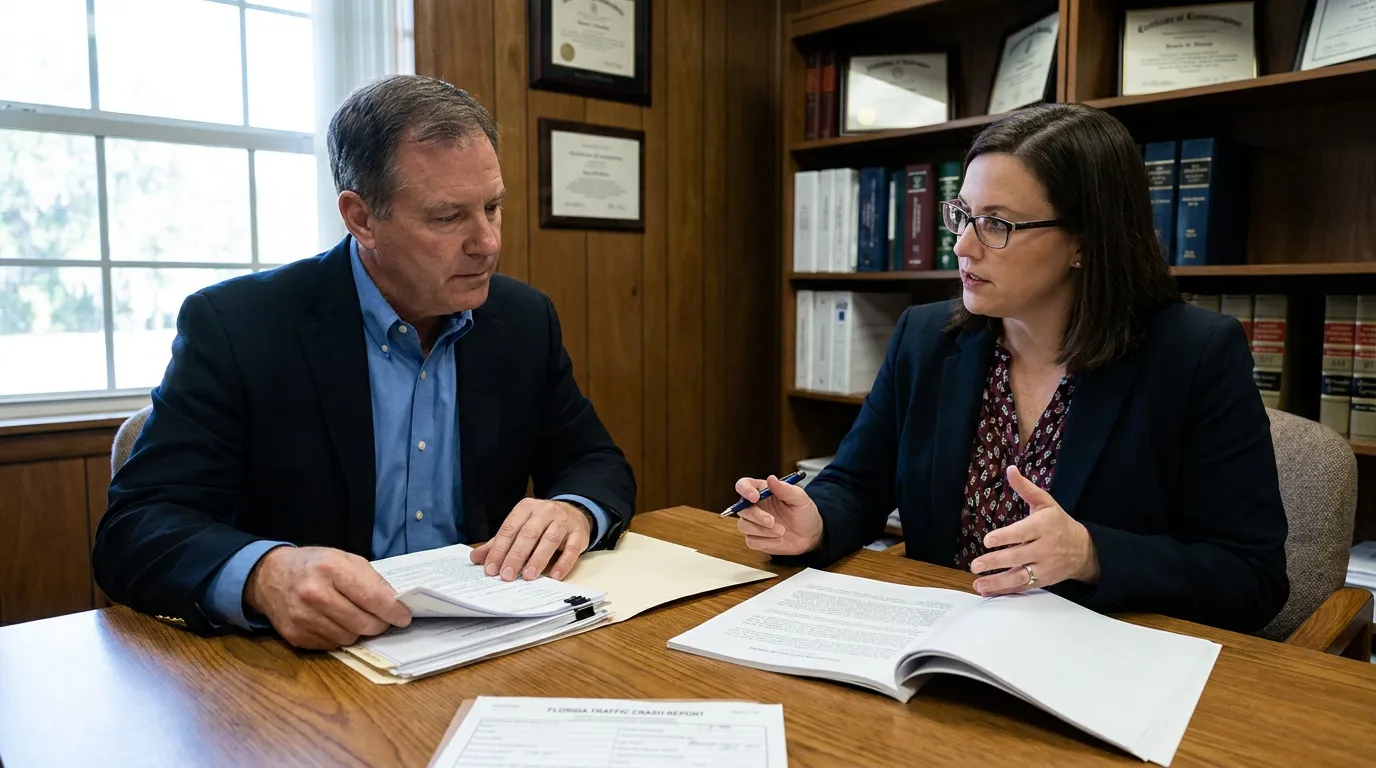 Plantation Car Accident Victim Consulting Personal Injury Attorney attorney and client reviewing Florida Traffic Crash Report documents in law office