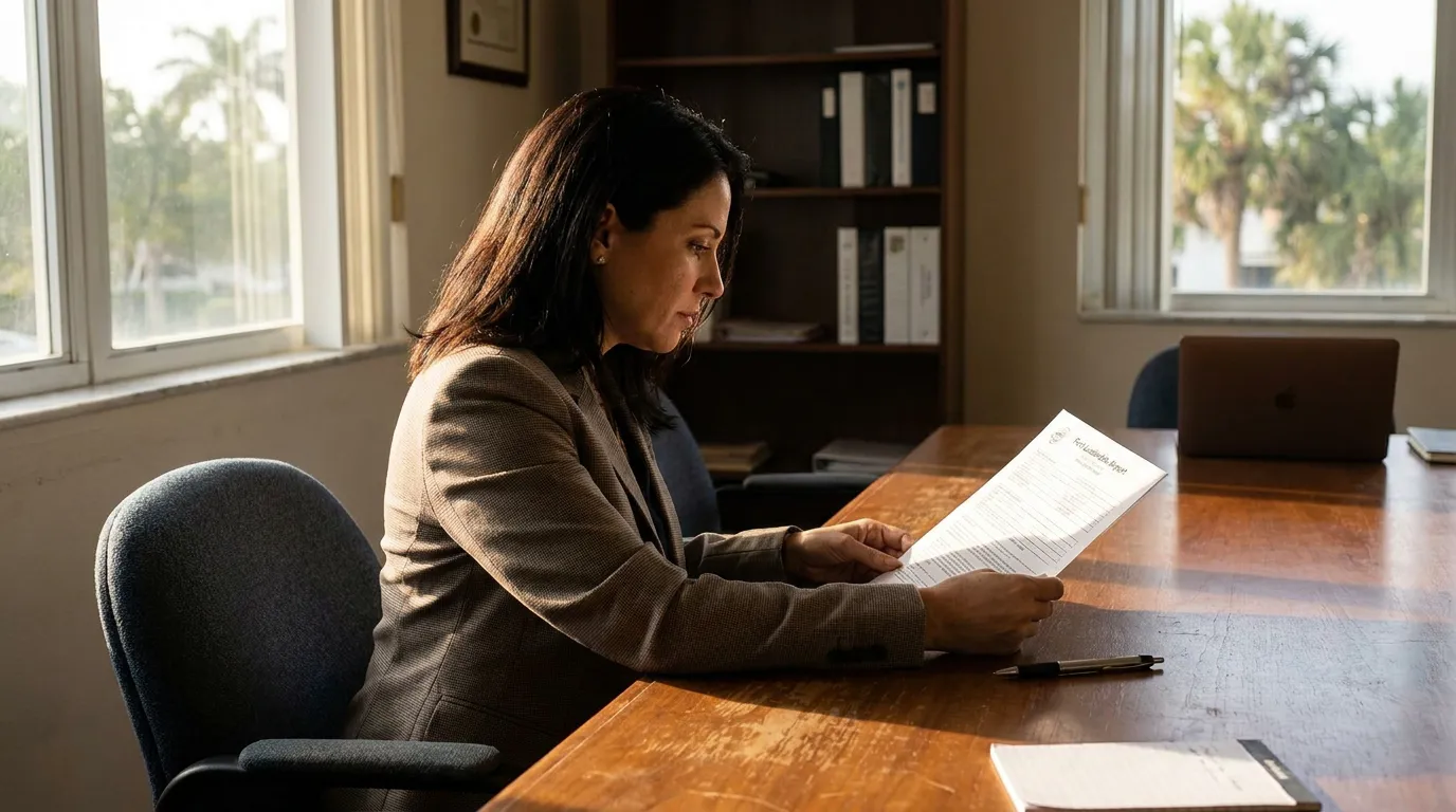 Fort Lauderdale Airport Slip and Fall Attorney Reviewing Negligence Claim female attorney in blazer reviewing legal document at wooden conference table