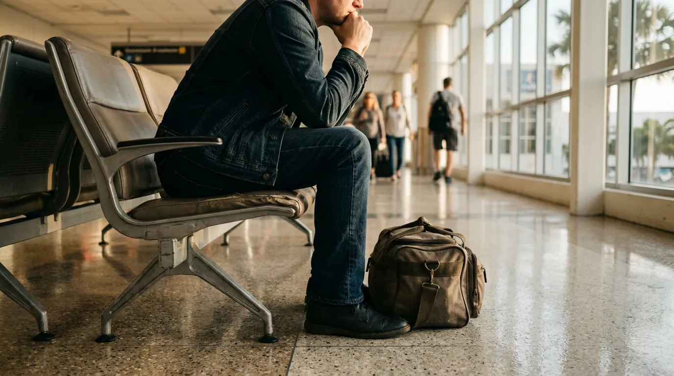Injured Traveler Sitting in Fort Lauderdale Airport Terminal man sitting alone in airport terminal with travel bag on floor