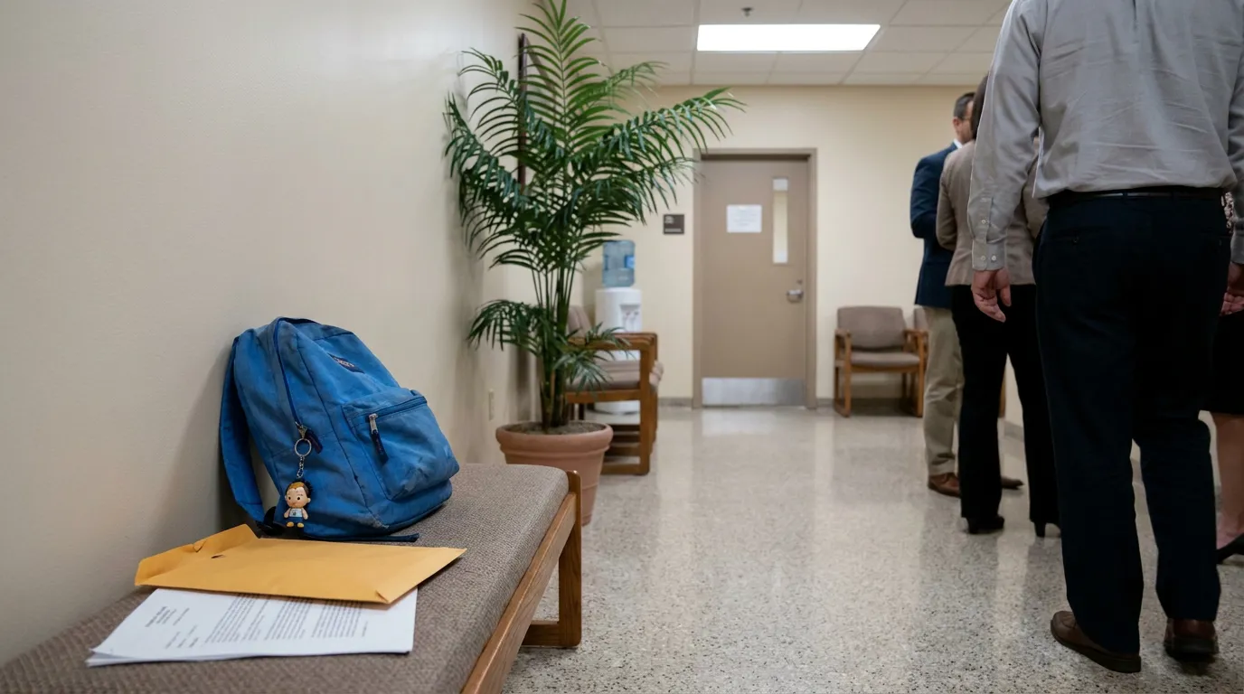 child's backpack and legal documents on bench in courthouse hallway