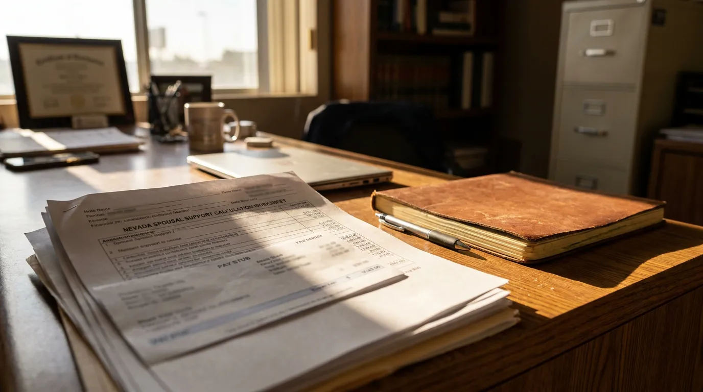 Nevada Spousal Support Calculation Worksheet Las Vegas Attorney Desk Nevada Spousal Support Calculation Worksheet and pay stub on attorney desk