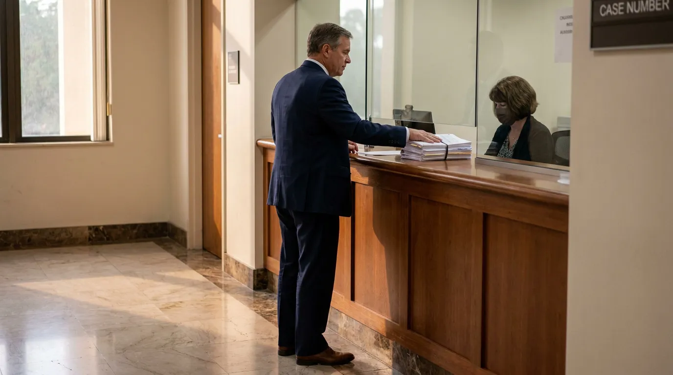 attorney filing stacked legal documents at courthouse clerk window labeled Case Number