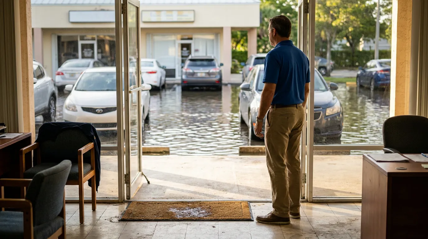 King Tide Flooding Wet Floor Slip and Fall Ft Lauderdale man standing in open doorway surveying flooded commercial parking lot