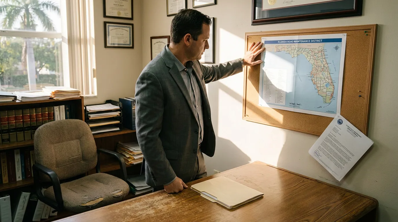 Ft Lauderdale Truck Accident Lawyer Reviewing Florida Road Map attorney pointing to Florida Road Maintenance District map pinned on corkboard