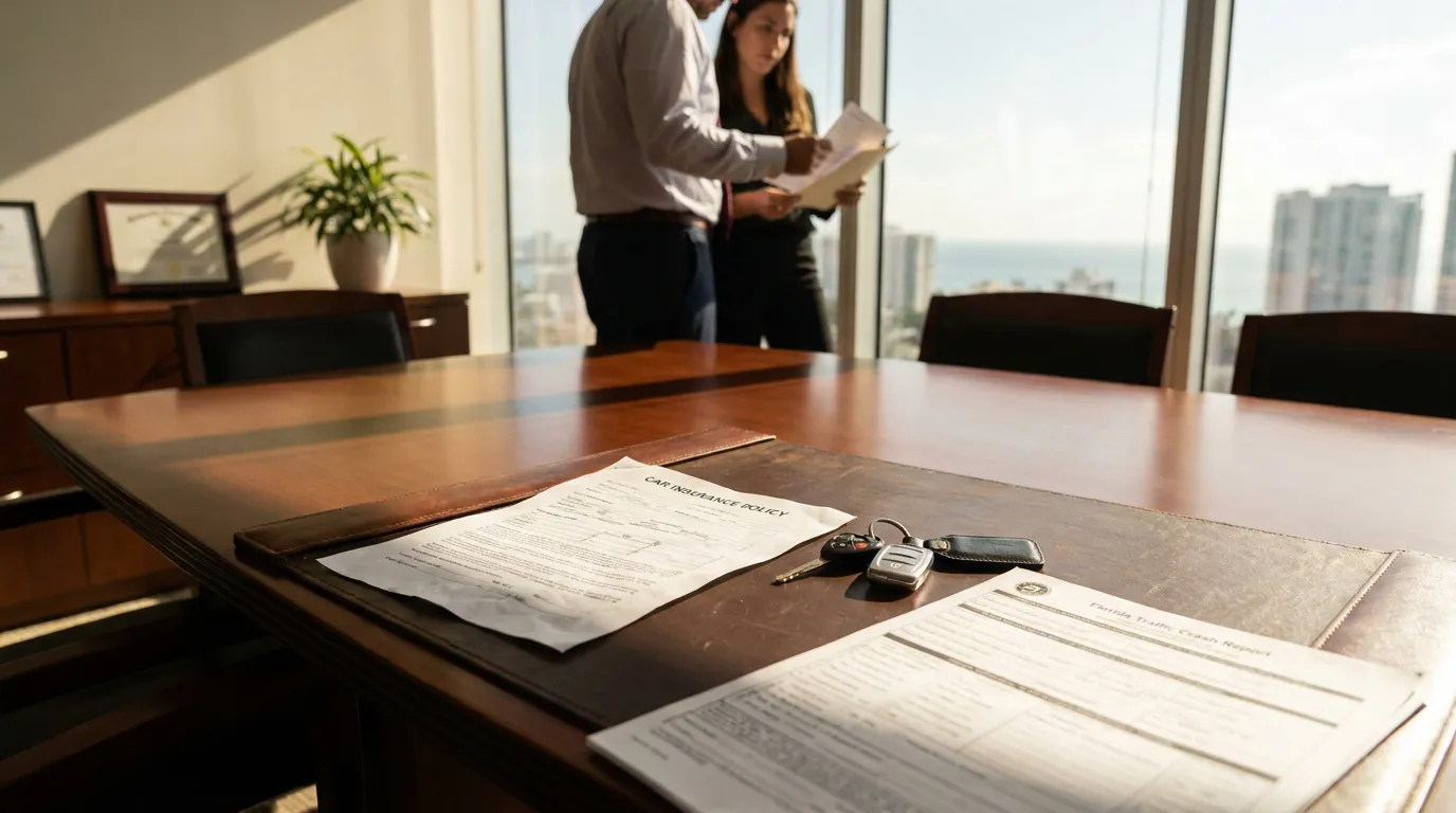 Car insurance policy, car keys, and Florida Traffic Crash Report on law firm conference table
