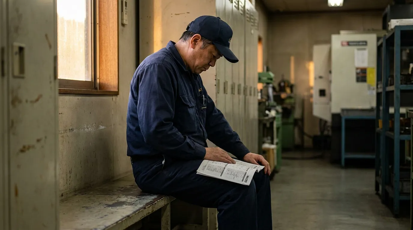 factory worker in uniform sitting on bench reading printed document in industrial facility